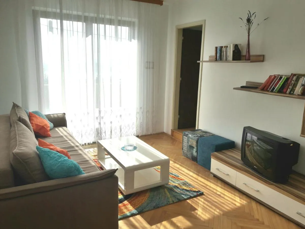 Dnevna soba s kavčem, mizico in televizorjem